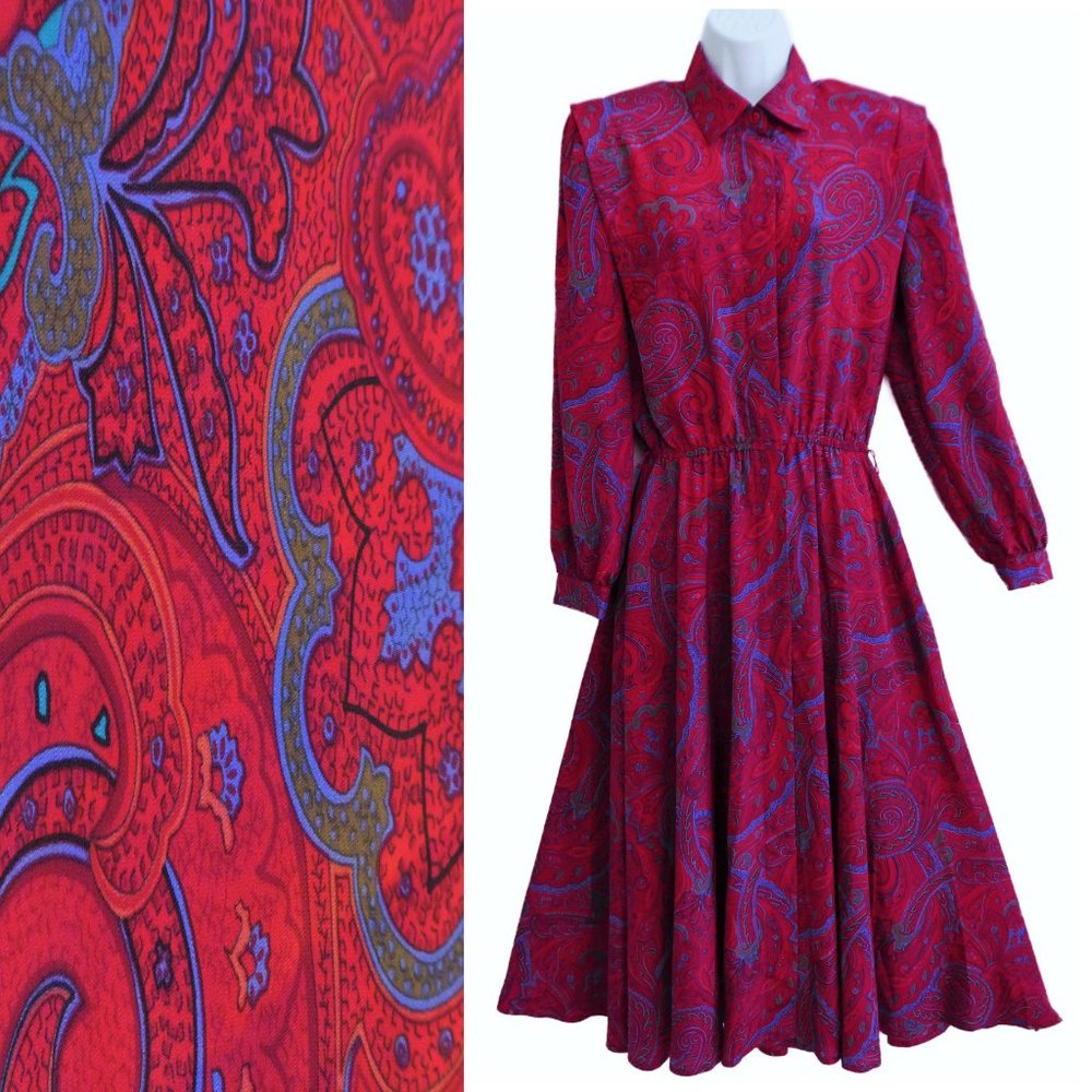 Vintage Paisley Midi Shirtwaist Dress A Line Full Skirt Secretary Red Blue M L